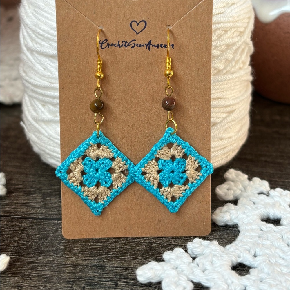 NEW HANDMADE Crochet Granny Square Earrings - Turquoise and Beige